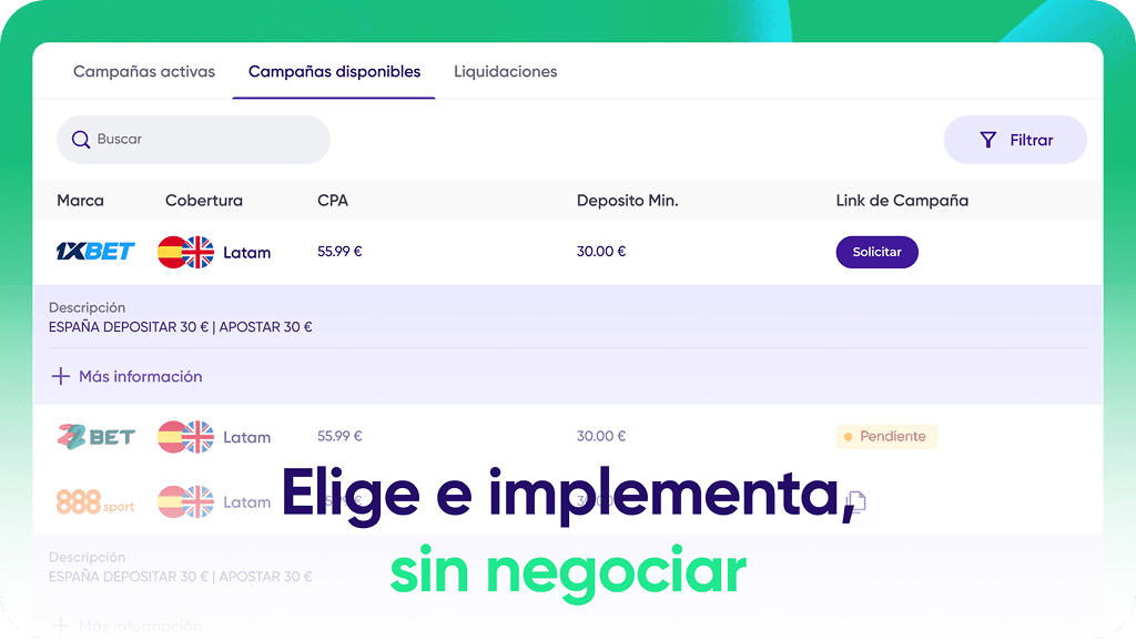 Campañas disponibles con botón de implementar